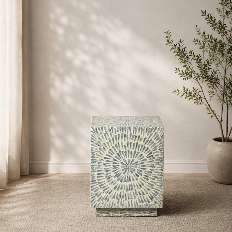 Gray Square Capiz Inlay Accent Stool with Starburst Pattern