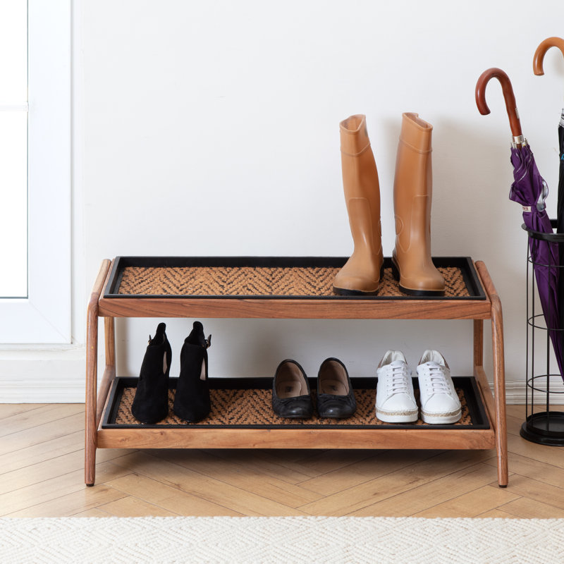 Premium Solid Wood Boot Tray Stand with Natural Coir Mat - Entryway & Mudroom Shoe Organizer, Tier 2, 22" W x 36.5" L