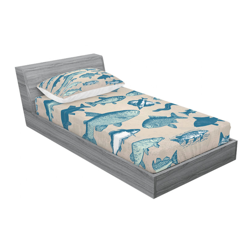 Twin XL White and Blue Fish Print Microfiber Sheet Set