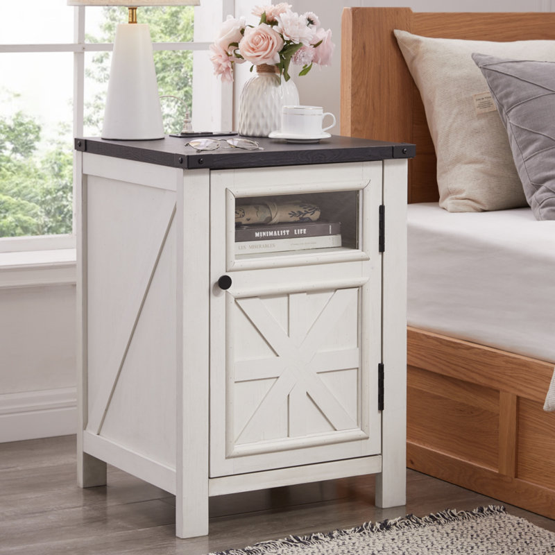 Ariellah 26'' Farmhouse End Table with Charging Station, Wood Nightstand with Adjustable Storage Shelf, Gray