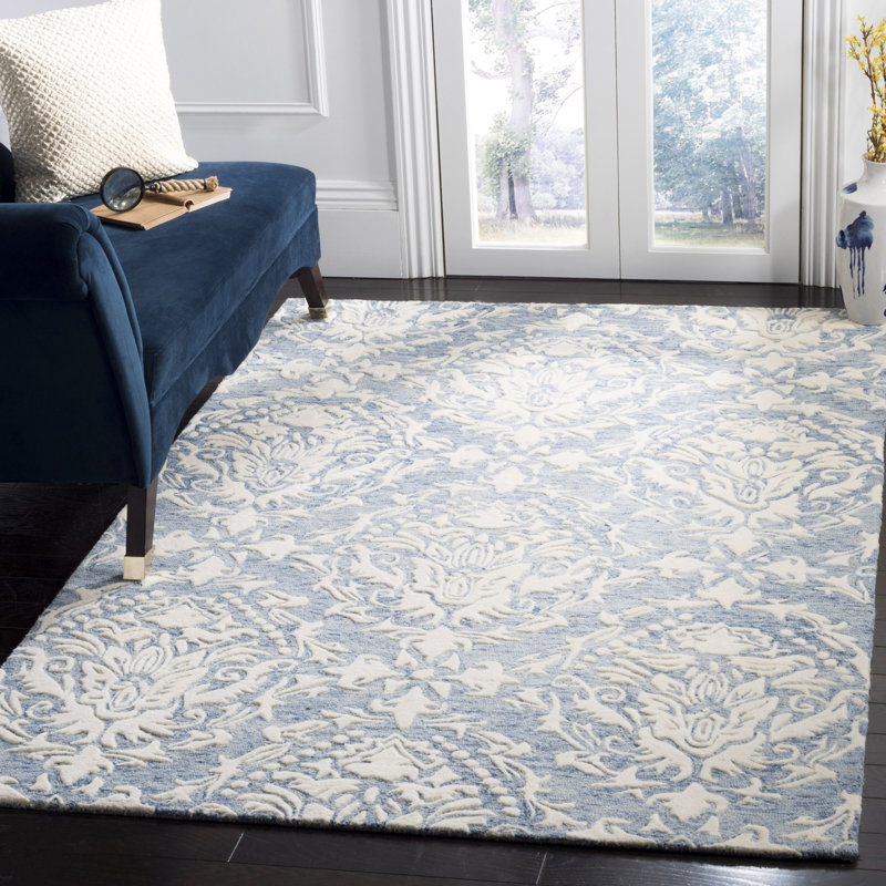 Tapis bleu / ivoire en laine touffeté à la main Ferrera, Rectangle 6 pi x 9 pi