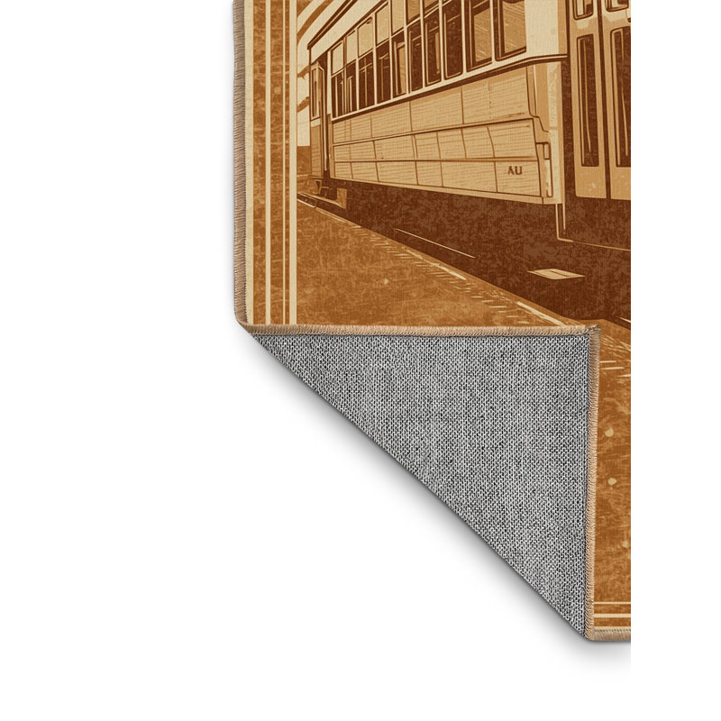 Machine Washable Vehicles And Transportation Streetcar Tram Vintage Vintage Look Rug in Brown – LightBrown Binding, 6x9