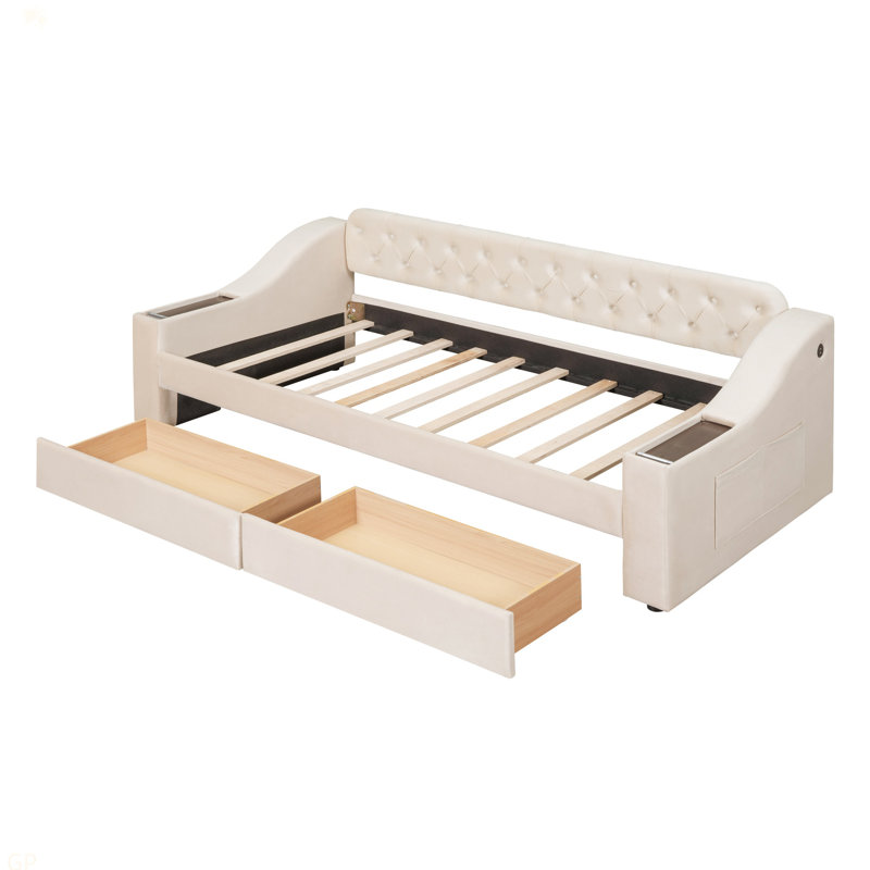 Lit de jour simple rembourré avec accoudoirs de rangement et port USB, Beige