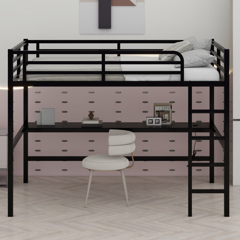 Metal Loft Bed With Power Outlet And LED Lighted, Space-Saving