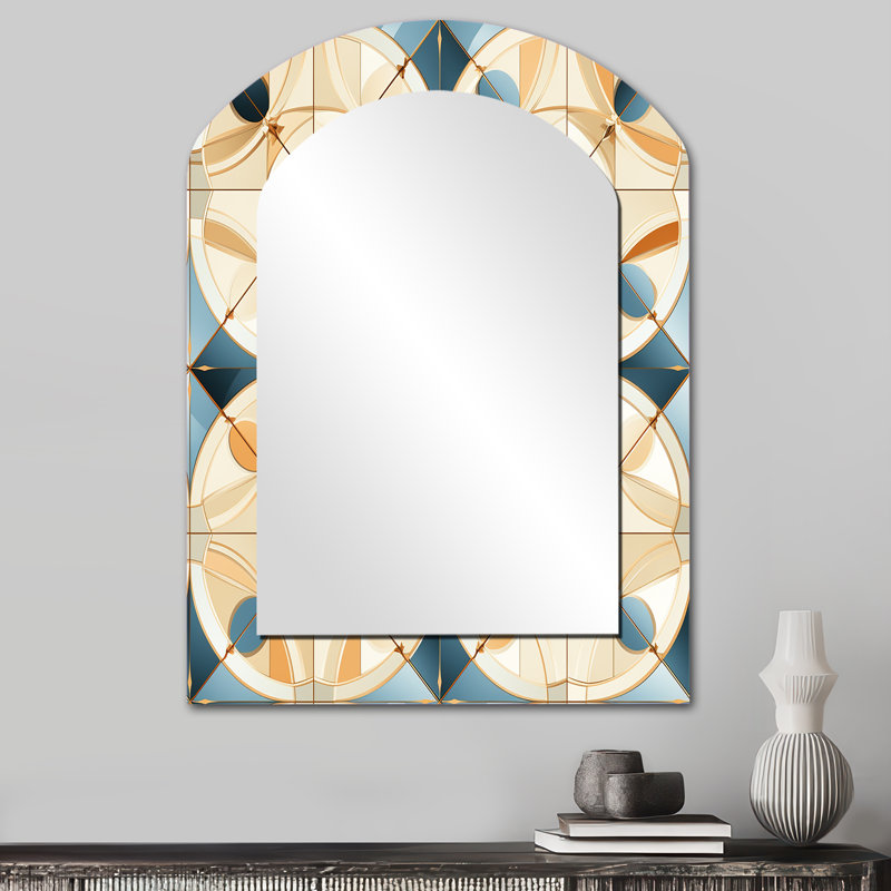 Carreaux Sabanc antique beige et bleu Sabanc - miroir décoratif à arche géométrique, miroir mural asymétrique bleu sarcelle, impression d'art en métal