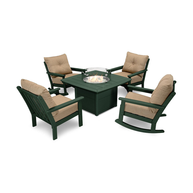 Vineyard 5-Piece Deep Seating Rocking Chair Conversation Set with Fire Pit Table, Sesame, Green