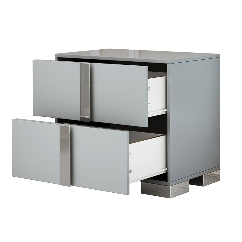 Table de chevet élégante, poignée en métal, miroir, 2 tiroirs, gris, Gris
