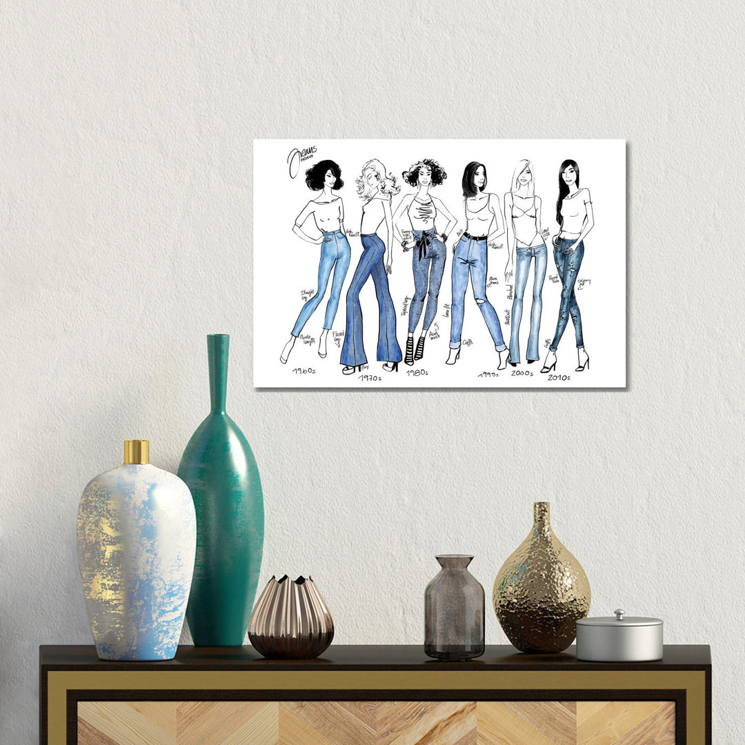 History Of Jeans Fashion Illustration von Blursbyai - No Frame Gallery-Wrapped Canvas Giclée on Canvas