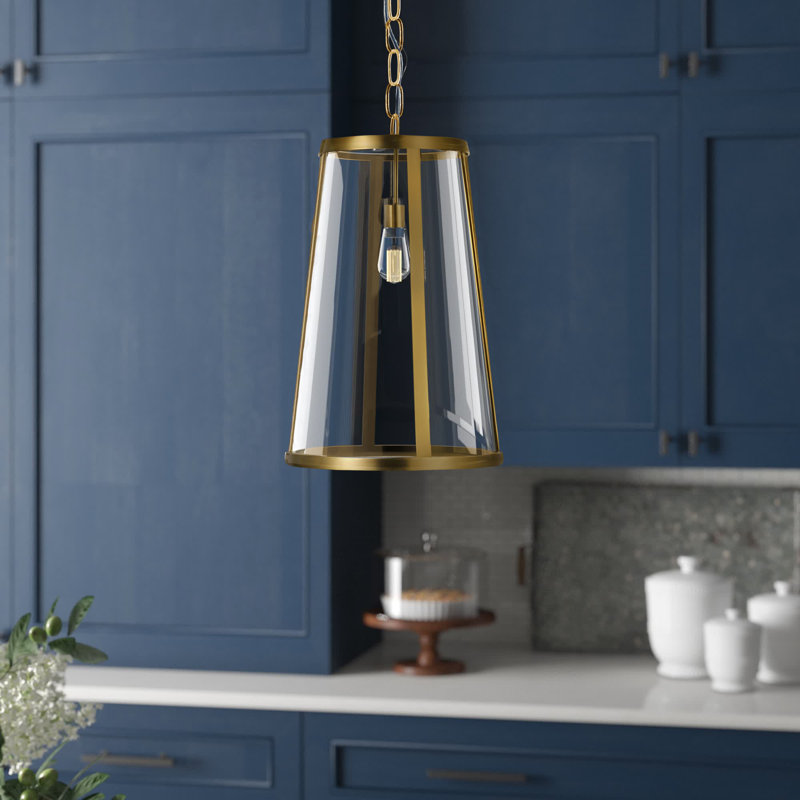 Burnished Brass Cone Pendant Light with Seeded Glass Shade