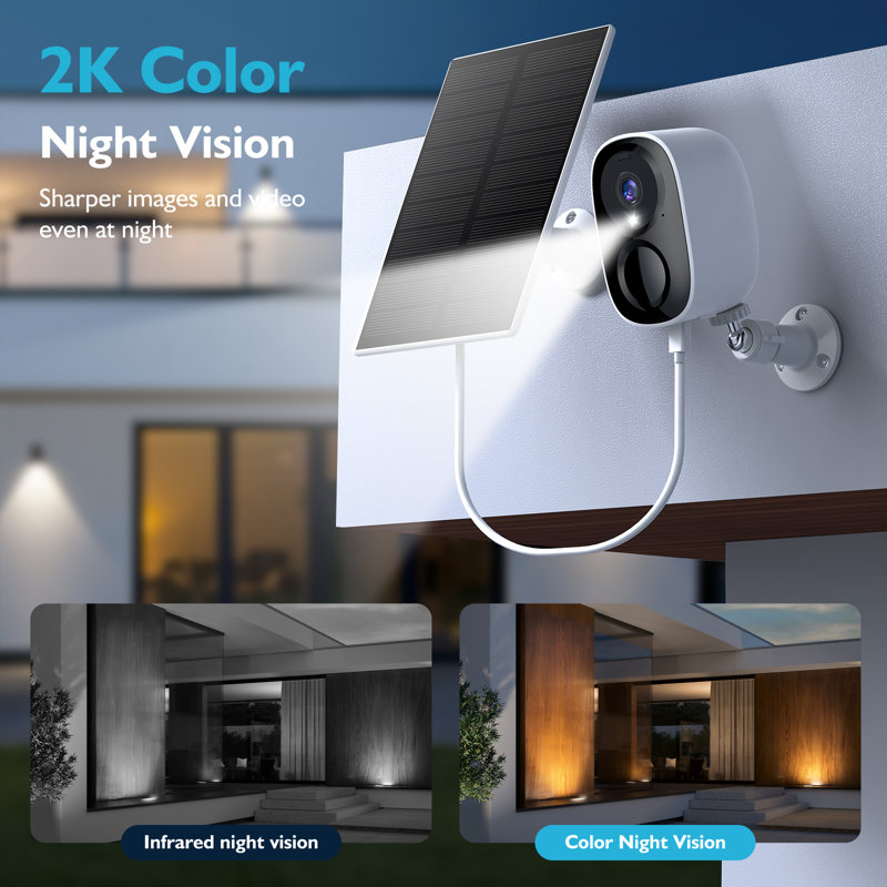 Solar Wireless Ip Home Camera Wifi HD 2K 3Mp Resolution Supports Battery Power, IP66 Waterproof And Artificial Intelligence Motion Detection.