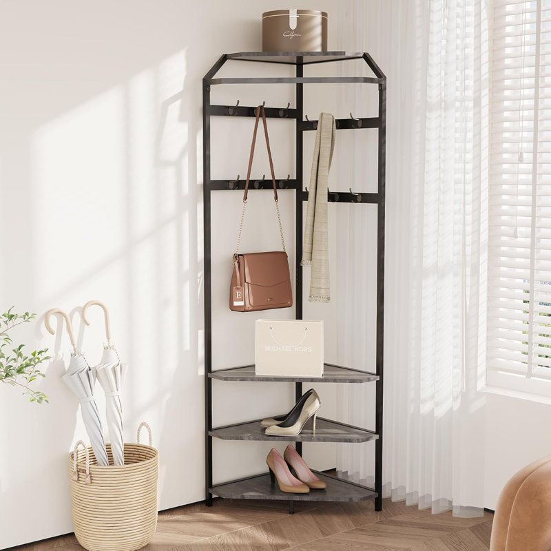 Corner Coat Rack With Shoe Bench Entryway, Corner Hall Tree With 6 Double Hooks, Clothes Rack With Storage Hall Tree With Organizer Shoe Bench Shelf