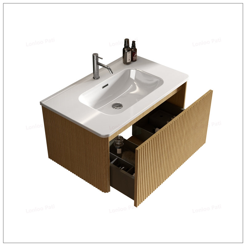 Meuble-lavabo mural rayé 30 po avec lavabo en céramique sans drain, 30", Chêne, Blanc