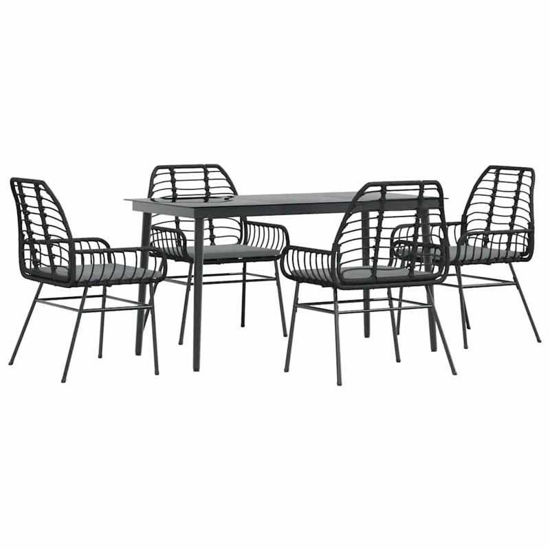 Ensemble repas de patio avec coussins en verre et poly rotin, H 29,1 po x l 27,6 po x L 55,1 po, 4, Noir / Noir