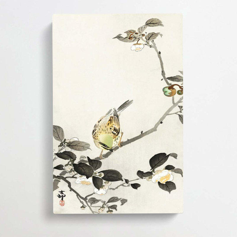 Bunting Bird On A Blossom Branch by Ohara Koson - Wrapped Canvas Painting, 60cm H x 40cm W x 3cm D