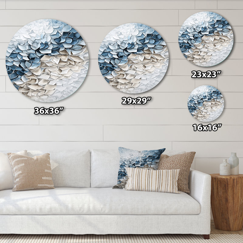 «Blue White Flower Petals River», art mural rond géométrique abstrait, art mural en métal bleu, H 23 po x l 23 po
