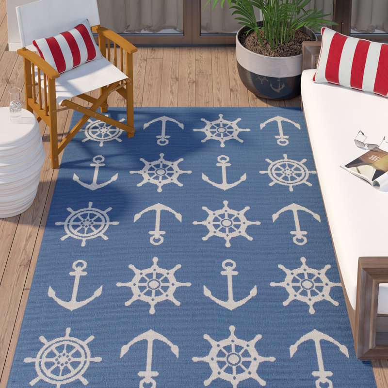 Tapis intérieur / extérieur en polypropylène tissé à la machine rectangulaire bleu / blanc Jessa