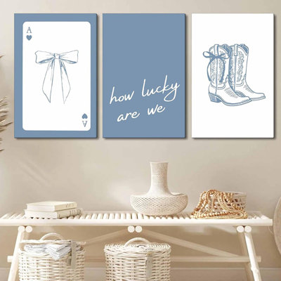 3Pcs Coastal Cowgirl Canvas Wall Art Blue Coquette Bow Boots How Lucky Are We Bundle Playing Cards Pictures Wall Decor Fashionable College Style Poster Print Artwork For Room Bedroom Dorm