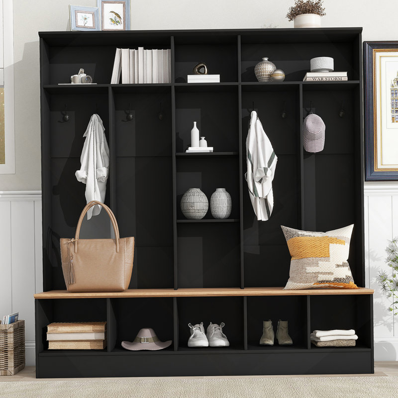 Wide Design Hall Tree with Storage Bench, Minimalist Shoe Cabinet with Cube Storage & Shelves, Multifunctional Coat Rack with 8 Hooks