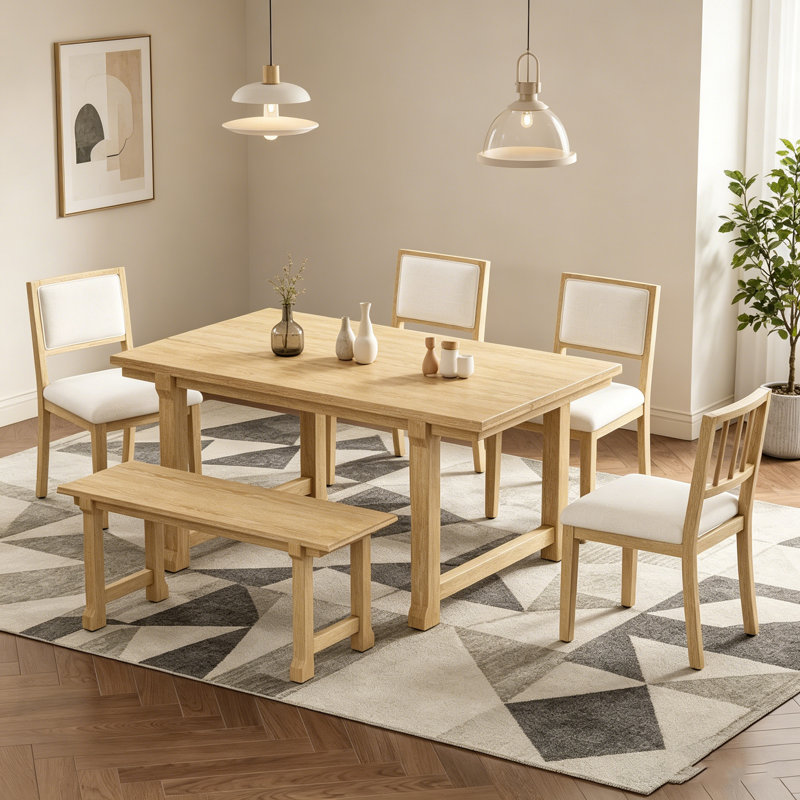 Ensemble de salle à manger de ferme 6 pièces avec structure en bois massif et chaises ergonomiques à double style (bois naturel délavé et beige)