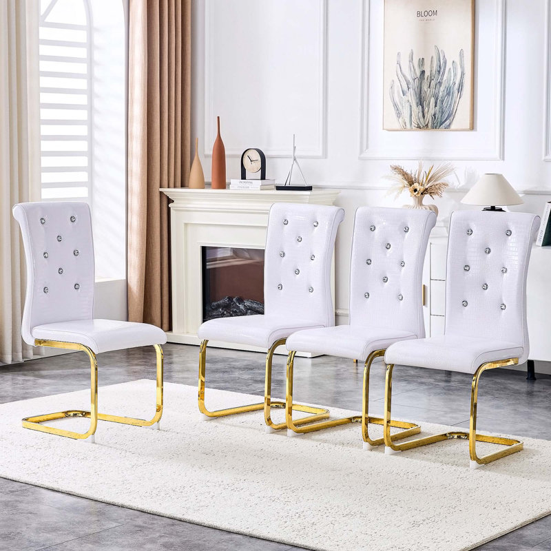 Ensemble de 4 chaises de salle à manger en peau d'alligator rétro avec boucles en cristal et pieds en plaqué or pour une assise élégante et durable