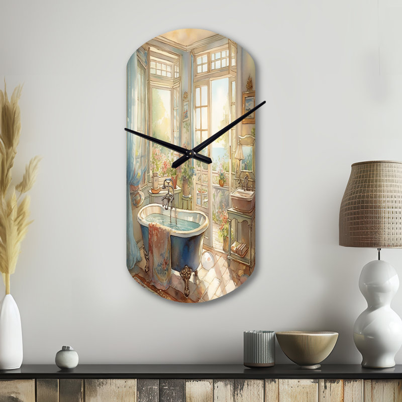 Mowles Elegant Bathroom Retreat I - Bathroom Asymmetrical Metal Clock, Blue Cylinder Metal Clock Print, Small