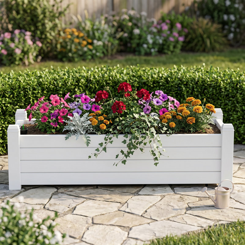 Boîte à fleurs extérieure en résine surélevée avec trous de drainage, White