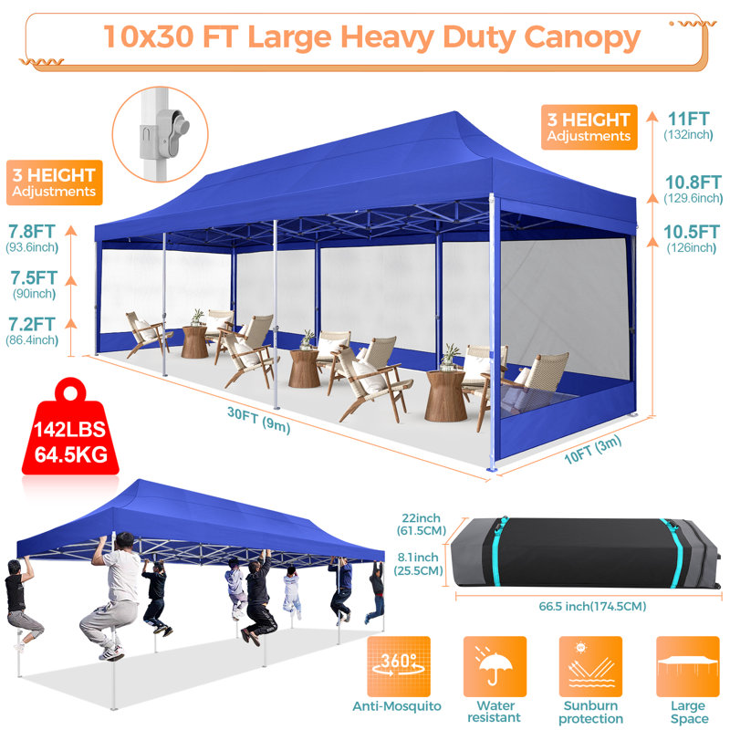 10x30 Pop up Canopy Tent with Sidewalls, Heavy Duty Easy Set up, Dark Blue