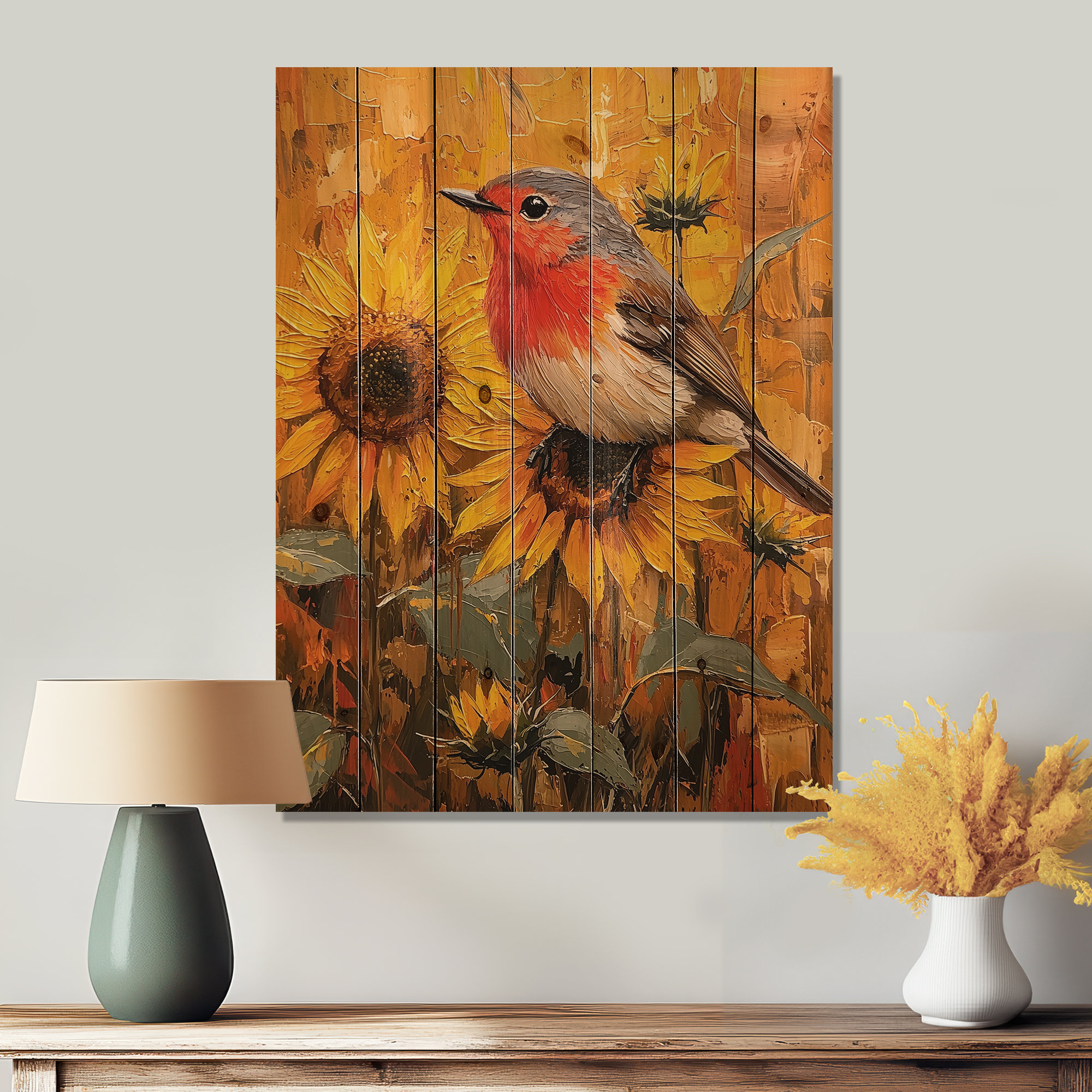 Ophelia & Co. Robin Bird In The Farm Sunflowers I - Bird Wood Wall ...