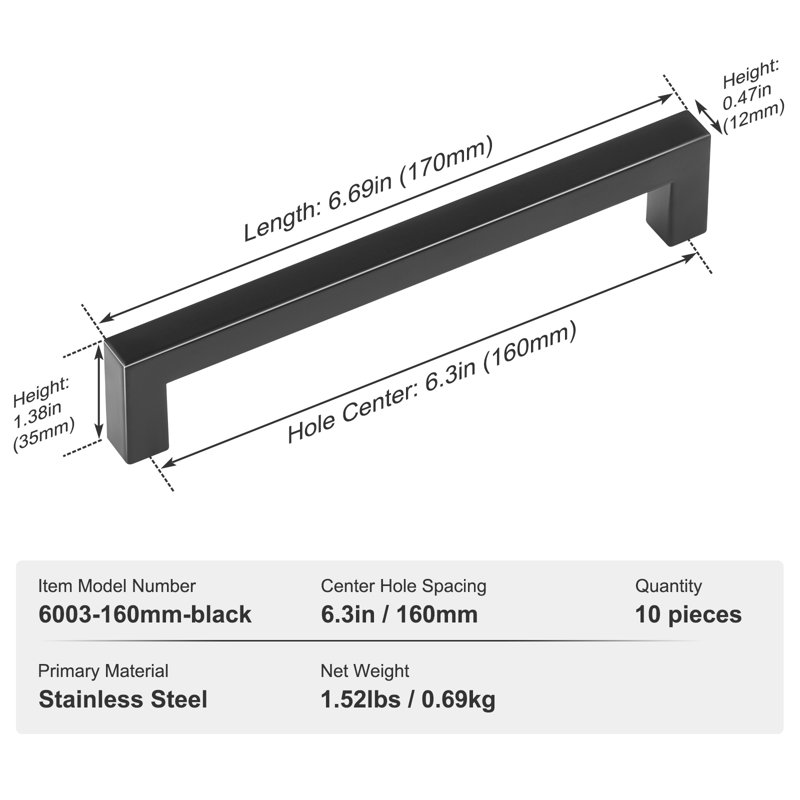 Matte Black Steel Modern Cabinet Bar Handle with Mounting Hardware
