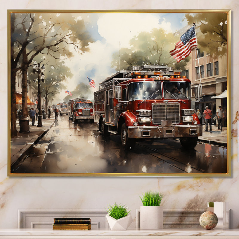 Fire Truck II - Fireman, art mural sur toile, Cadre flottant doré, H 12 po x l 20 po x P 1 po