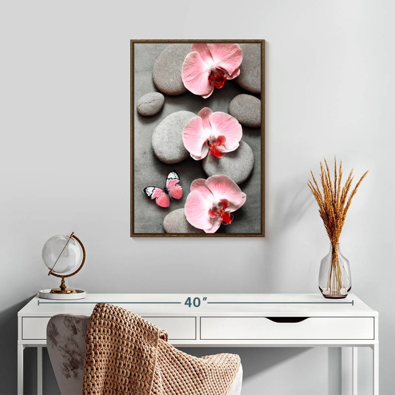 Zen orchidées roses et papillons, 17" x 25", Floating Frame Walnut