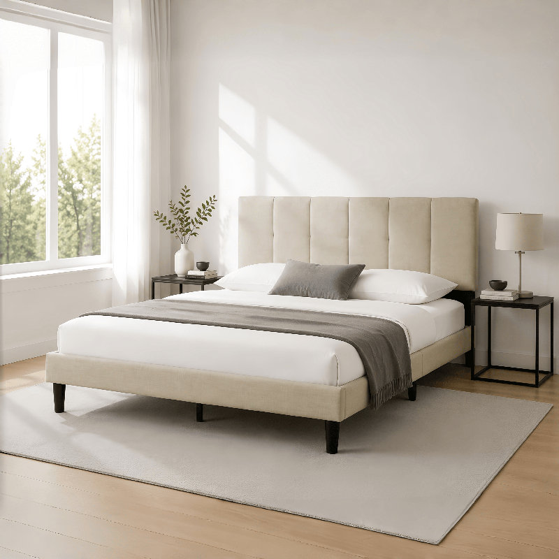 Dajai Upholstered Unfinished Platform Bed, Beige, Full