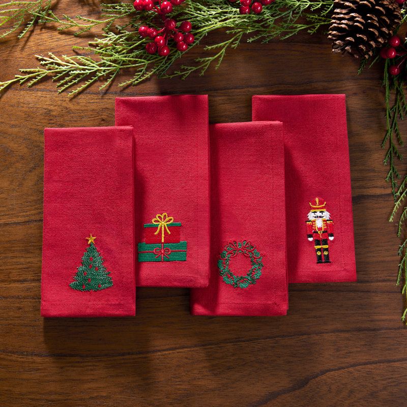 Serviettes de Noël Holiday en coton brodé, Rouge