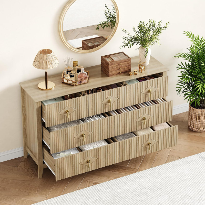 54" Wide Fluted 7-Drawer Modern Wooden Dresser, Yellow