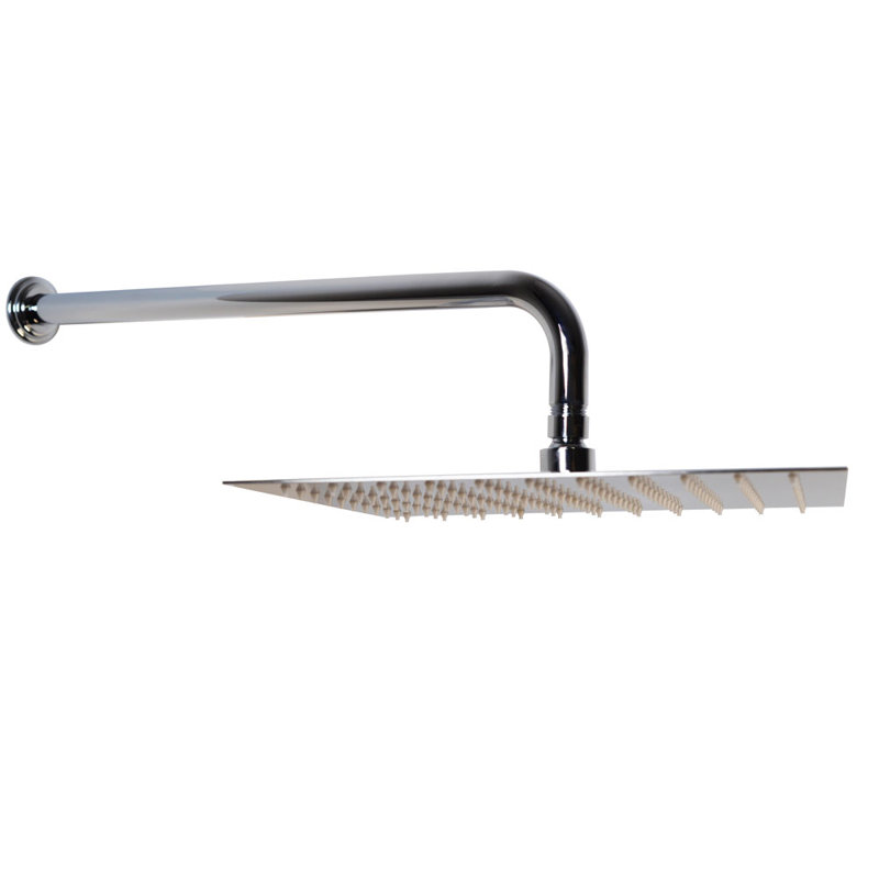 12" Square Thin Rainfall Shower Head with 1/2" IPS x 10" IPS Wall Mount 90-Degree Arm and Flange, Polished Chrome