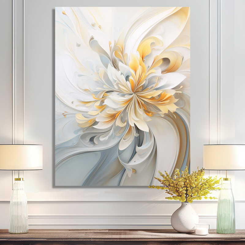 «Whirling Flower Dynamics Gold and White», impression d'art floral moderne, Toile tendue, H 40 po x l 30 po x P 1,5 po