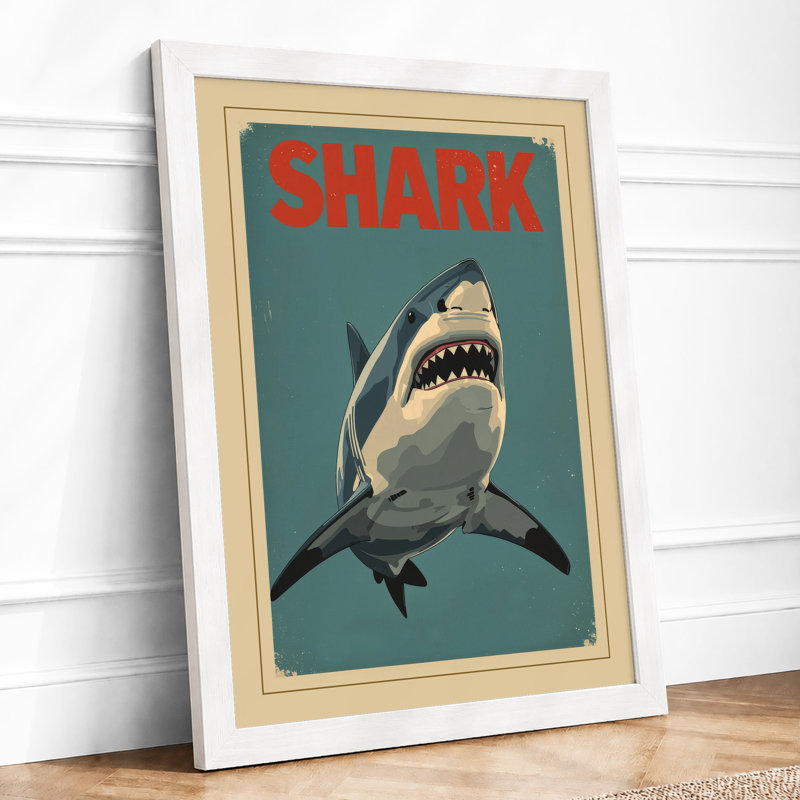 Shark Retro - Framed Print, A1 - 84.1 x 59.4 cm, White