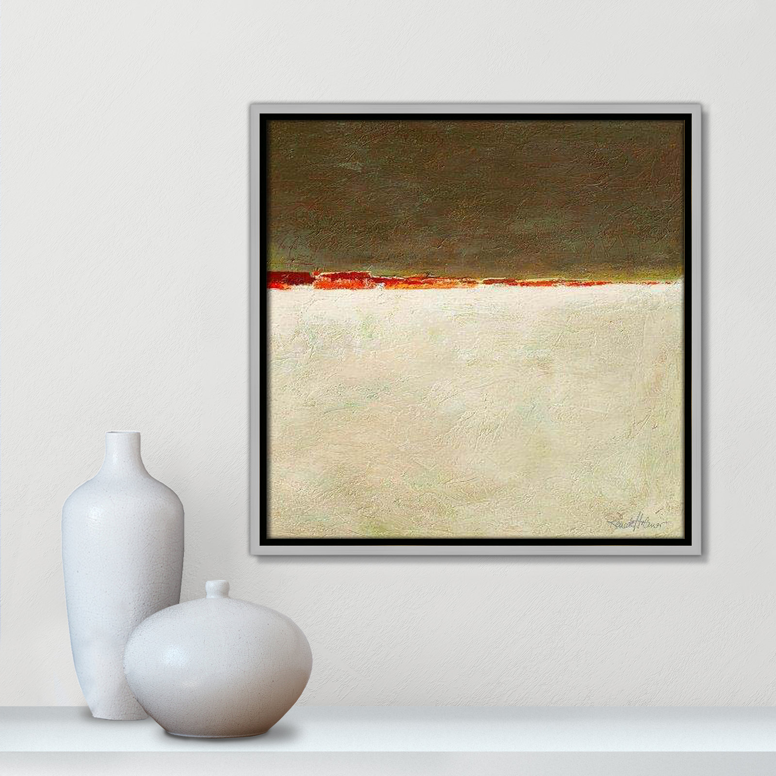 Orange Horizon I by Renate Holzner, 17.5'' H x 17.5'' W x 2'' D, Silver Framed