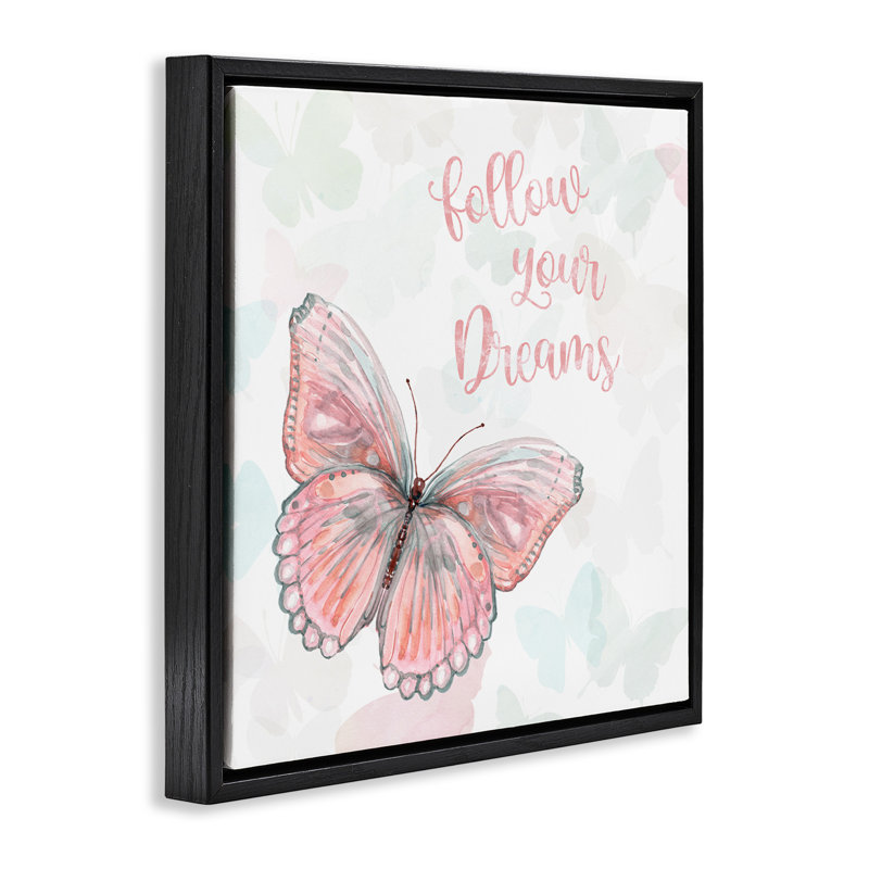 «Follow Your Dreams», papillon rose, H 18 po x l 18 po, Cadre flottant noir de jais