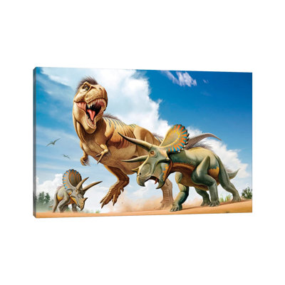 Tyrannosaurus Rex Fighting With Two Triceratops by Mohamad Haghani - Wrapped Canvas Graphic Art