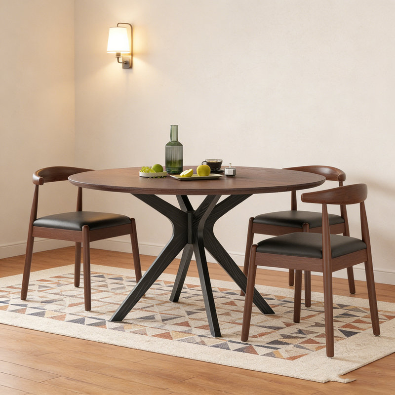Table de salle à manger 47,2 "en bois massif pour 4 à 6 personnes avec base piédestal entrecroisée, Noyer foncé, Noir