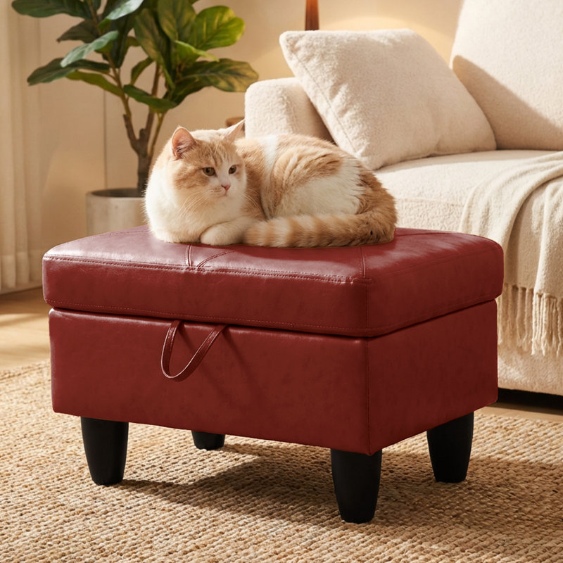 Rectangular Storage Ottoman Bench, Faux Leather Footrest With Hinged Lid, Coffee Table Stool For Living Room, Bedroom, Entryway, Red