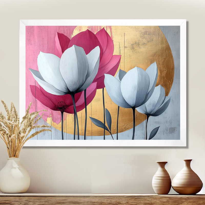 Golden Lotus Flowers Pure Form V - Lotus, art mural, H 34 po x l 44 po, Cadre simple, Blanc
