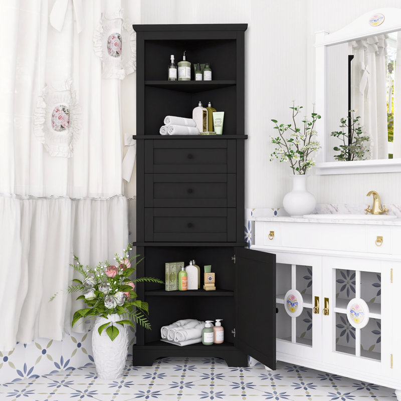 Armoire haute triangulaire à 3 tiroirs avec tablettes réglables pour la maison, Noir