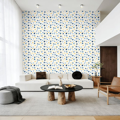 Murale auto-adhésive à l'épreuve des locataires, aquarelle, étoiles bleues, étoiles dorées, vinyle blanc imperméable et amovible pour porte d'armoire et de tablettes de salle de bain