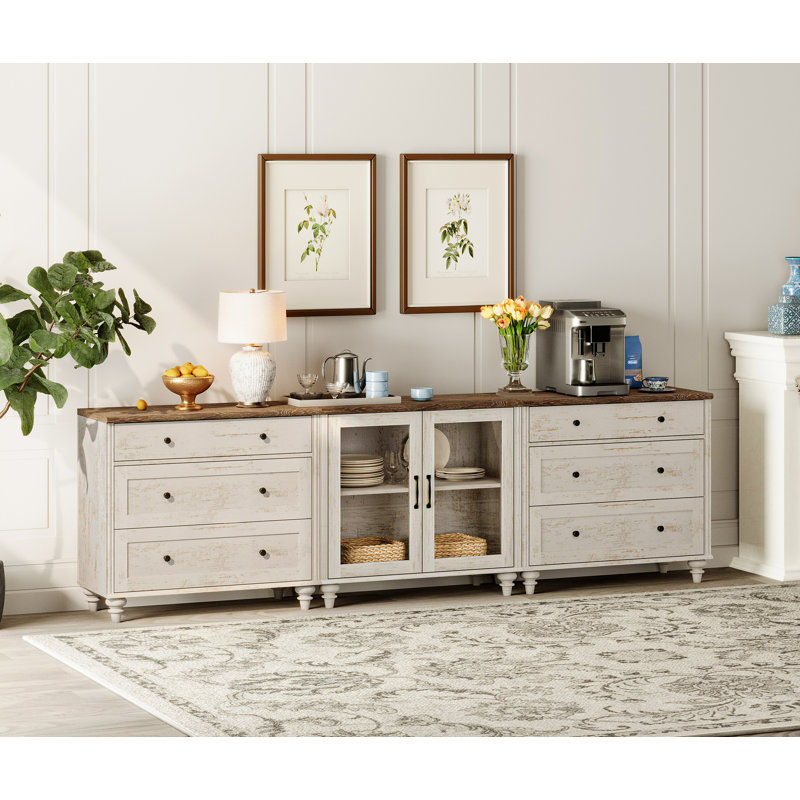 Sideboard Buffet Cabinets With 2-Glass Door, 3-In-1 Kitchen Storage Cabinets, Wood Coffee Bar Tables With Adjustable Shelf & 6 Drawers For Dining Room, Living Room, Bedroom, Rustic White