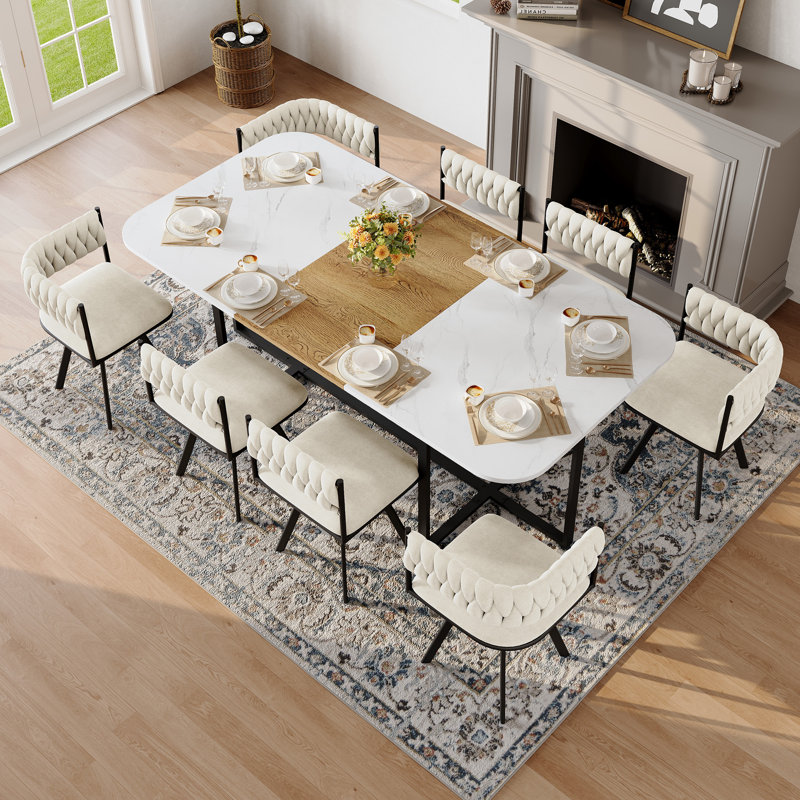 Élégante table de salle à manger 9 pièces en faux marbre et velours de style moderne pour la salle à manger