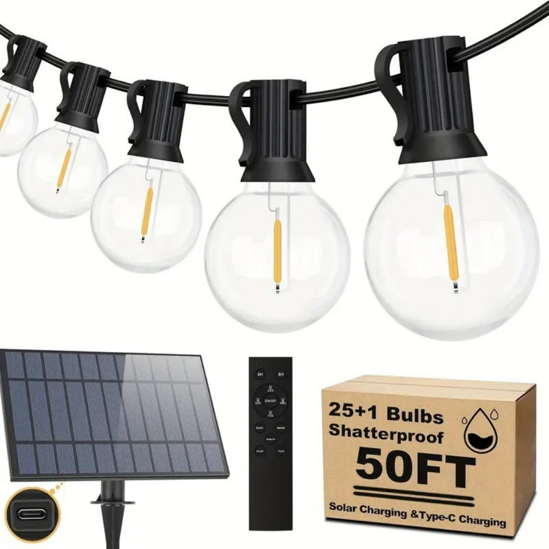 [Solar String Lights] Bosceos Solar String Lights 50FT/100FT - Dimmable G40 LED Patio Lights With 52 Shatterproof Bulbs, Remote, Solar Powered - For Outside Yard Decor, Halloween, Christmas Decoration