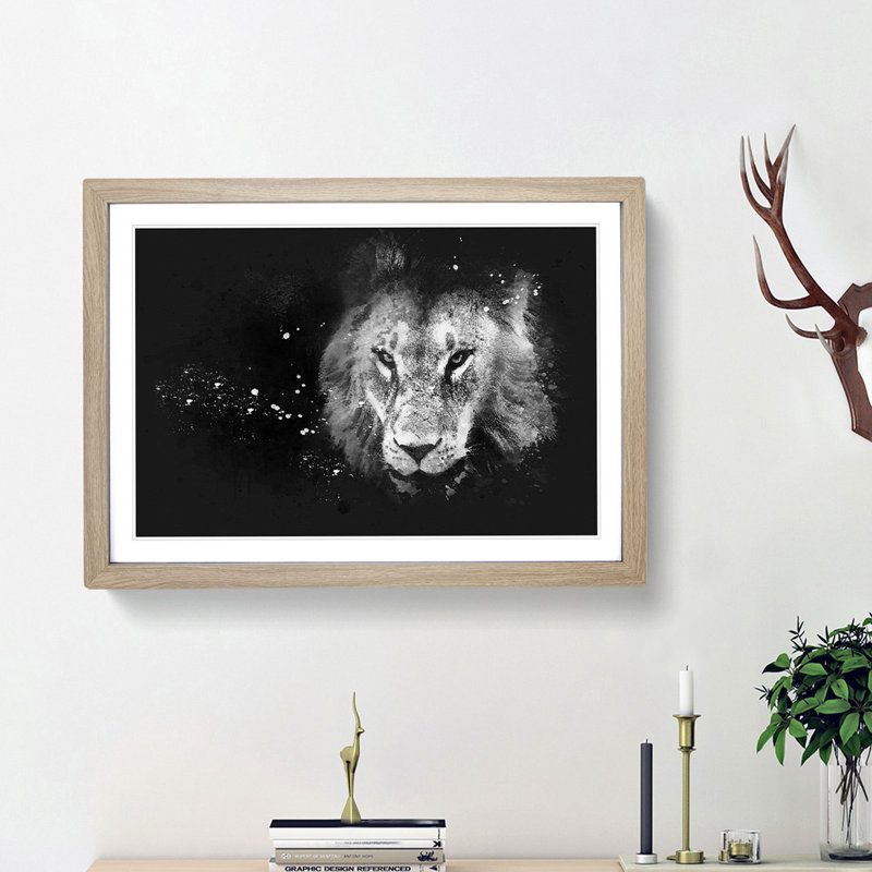 Portrait of a Lion - Picture Frame Graphic Art Print, Oak Framed, 62cm H x 87cm W x 2cm D