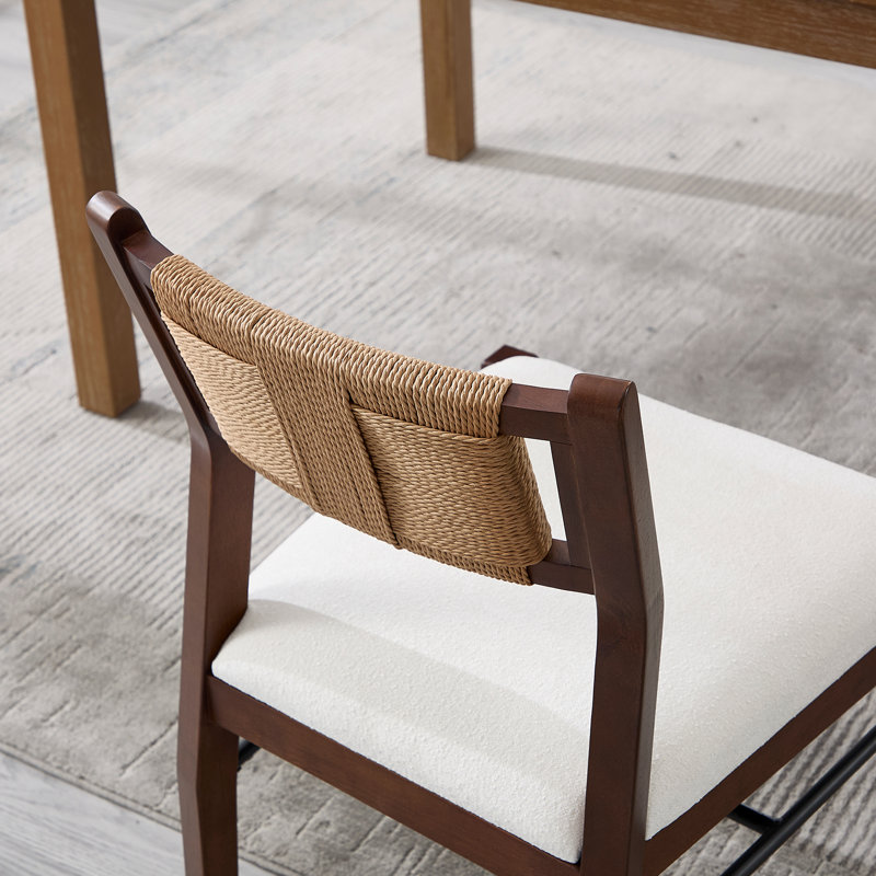 Farmhouse Solid Wood Dining Chairs With Braided Rope Backrest, Upholstered Dining Chairs For Dining Room Parlor, White